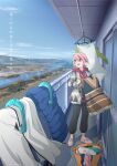  1girl :d absurdres apartment balcony bangs black_pants blanket blue_sky bridge building clamps clothes_hanger commentary_request day grey_jacket hair_over_eyes highres holding holding_blanket hood hoodie jacket kagamihara_nadeshiko lamppost landscape laundry_basket mountain mountainous_horizon official_art open_mouth outdoors pants patterned_clothing pink_footwear pink_hair red_hoodie river road scenery sky sleeping smile solo standing tent translation_request tree yurucamp 