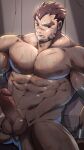  1boy akashi_(live_a_hero) bara blush brown_hair completely_nude cuffs erection facial_hair feet_out_of_frame goatee handcuffs highres large_pectorals live_a_hero long_sideburns male_focus muscular muscular_male nipples nude orange_(agnimon11803164) pectorals red_eyes scar scar_on_face scar_on_nose short_hair sideburns solo sweat thick_eyebrows thick_thighs thighs uncensored 