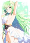  1girl anastigal_elmar_engel_berglund arm_behind_head arm_up armpits ass breasts bridal_gauntlets bunny1219 dress elf from_side green_eyes green_hair hand_to_own_mouth highres iris_mysteria! long_hair looking_at_viewer pointy_ears sideboob sleeveless sleeveless_dress smile solo thighhighs thighs very_long_hair white_dress white_legwear 
