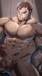  1boy akashi_(live_a_hero) bara brown_hair completely_nude cuffs erection facial_hair feet_out_of_frame goatee handcuffs highres large_pectorals live_a_hero long_sideburns male_focus muscular muscular_male nipples nude orange_(agnimon11803164) pectorals red_eyes scar scar_on_face scar_on_nose short_hair sideburns solo sweat thick_eyebrows thick_thighs thighs uncensored 