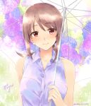  1girl alpha_(yukai_na_nakamatachi) blush breasts character_name collarbone eyebrows_visible_through_hair floral_background flower highres holding holding_umbrella hydrangea idolmaster idolmaster_cinderella_girls light_smile looking_at_viewer medium_breasts mifune_miyu open_collar ponytail purple_flower purple_shirt rain red_eyes red_hair shirt sleeveless sleeveless_shirt solo transparent transparent_umbrella twitter_username umbrella upper_body water_drop 