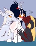 anthro anthro_on_anthro arthropod black_hair blonde_hair blush breast_grab breasts dragon eyes_closed female female/female glasc group group_sex hair hand_on_breast hi_res horn insect interspecies kissing mantis nipples red_body sex smile threesome water white_body white_hair yellow_eyes 