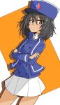  1girl ame_(amechan17391739) andou_(girls_und_panzer) bc_freedom_military_uniform black_hair blue_headwear brown_eyes crossed_arms dark-skinned_female dark_skin eyebrows_visible_through_hair girls_und_panzer hat highres looking_at_viewer medium_hair pleated_skirt skirt solo white_skirt 