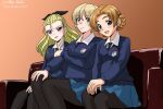  3girls artist_name assam_(girls_und_panzer) bangs black_legwear black_necktie black_ribbon blonde_hair blue_eyes blue_skirt blue_sweater braid closed_mouth commentary couch darjeeling_(girls_und_panzer) dated dress_shirt emblem eyebrows_visible_through_hair girls_und_panzer hair_pulled_back hair_ribbon hand_on_own_knee hands_on_lap long_hair long_sleeves looking_at_viewer matsui_yasutsugu miniskirt multiple_girls necktie on_couch open_mouth orange_background orange_hair orange_pekoe_(girls_und_panzer) pantyhose parted_bangs pleated_skirt ribbon school_uniform shirt short_hair side-by-side signature sitting skirt smile st._gloriana&#039;s_(emblem) st._gloriana&#039;s_school_uniform sweater tied_hair twin_braids v-neck white_shirt wing_collar 