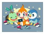  border bright_pupils brown_eyes chimchar closed_eyes commentary_request fang game_cartridge green_eyes handheld_game_console highres holding holding_handheld_game_console kotone11152 nintendo_ds nintendo_switch no_humans open_mouth piplup poke_ball poke_ball_(basic) pokemon pokemon_(creature) smile stylus tongue turtwig twitter_username white_border white_pupils 