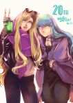  2-nichi 2girls anniversary blonde_hair blue_eyes blue_hair closed_mouth cup eyewear_on_head freya_(valkyrie_profile) lenneth_valkyrie long_hair looking_at_viewer multiple_girls open_mouth simple_background smile sunglasses valkyrie_profile 
