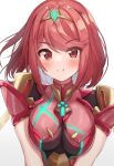  1girl bangs breasts chest_jewel earrings headpiece highres jewelry large_breasts pyra_(xenoblade) red_eyes red_hair short_hair simple_background solo suicabar72 swept_bangs tiara white_background xenoblade_chronicles_(series) xenoblade_chronicles_2 