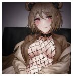  1girl areola_slip areolae bangs blush breasts brown_hair brown_shirt cleavage closed_mouth collared_shirt double_bun earrings eyebrows_visible_through_hair girls&#039;_frontline jewelry large_breasts long_sleeves looking_at_viewer navel open_clothes p90_(girls&#039;_frontline) red_eyes selcky shirt short_hair smile solo upper_body 