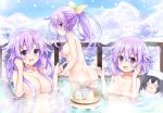  4girls adult_neptune ass black_hair breasts convenient_censoring giga-tera hair_ornament long_hair medium_breasts mountain multiple_girls nepgear neptune_(neptune_series) neptune_(series) noire_(neptune_series) onsen open_mouth outdoors purple_eyes purple_hair shin_jigen_game_neptune_vii short_hair small_breasts smile snow snowing towel wet 
