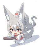  1girl animal_ear_fluff animal_ears bangs barefoot blush breath commentary_request eyebrows_visible_through_hair fox_ears fox_girl fox_tail grey_hair hair_between_eyes holding holding_tray japanese_clothes kimono long_hair long_sleeves original ponytail red_eyes shadow snow_bunny solo tail tray very_long_hair walking white_background white_kimono wide_sleeves yuuji_(yukimimi) 