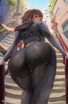  1girl ass ass_focus biker_clothes black_bodysuit bodysuit breasts brown_hair from_behind looking_at_viewer looking_back mirai_hikari niijima_makoto outdoors persona persona_5 red_eyes shiny shiny_clothes short_hair skin_tight solo stairs standing walking 
