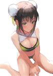  1girl bangs bare_shoulders bikini black_hair breasts bun_cover chainsaw_of_the_dead cleavage collarbone double_bun fate/grand_order fate_(series) green_bikini green_eyes green_ribbon hair_ribbon highres large_breasts looking_at_viewer otsukemono qin_liangyu_(fate) ribbon sidelocks sitting solo swimsuit thighs wariza 