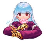  1girl :3 bangs belt belt_collar blue_background blue_hair bodysuit breasts candy collar eating eyebrows_visible_through_hair food gloves kula_diamond lollipop long_hair long_sleeves looking_at_viewer medium_breasts oni_gini purple_eyes simple_background smile solo the_king_of_fighters turtleneck upper_body v white_background zipper 