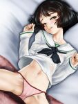  1girl :q bangs bed_sheet black_eyes black_hair blouse blush closed_mouth girls_und_panzer half-closed_eyes head_tilt highres licking_lips long_sleeves looking_at_viewer lying navel neckerchief no_pants on_back on_bed ooarai_school_uniform panties pink_panties sailor_collar school_uniform serafuku short_hair smile solo spread_legs string_panties tongue tongue_out underwear utsugi_yuuki w_arms white_blouse white_sailor_collar yoyokkun 