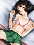  1girl :q bangs bed_sheet black_eyes black_hair blush bra closed_mouth commentary cum cum_on_body flat_chest girls_und_panzer green_skirt half-closed_eyes head_tilt highres licking_lips looking_at_viewer lying miniskirt navel no_shirt on_back on_bed pink_bra pleated_skirt short_hair skirt smile solo spread_legs strap_slip tongue tongue_out underwear utsugi_yuuki w_arms yoyokkun 