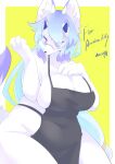  absurd_res anthro apron big_breasts blue_hair breasts canid canine clothing female fox fur hair hi_res lily_mari long_hair mammal mask mostly_nude smile solo ukenya white_body white_fur 