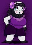  2022 absurd_res animal_crossing anthro big_breasts black_hair bottomwear bovid breasts caprine clothing curvy_figure digital_media_(artwork) eyelashes eyeshadow female fur hair hand_on_hip hi_res horn huge_breasts lips long_hair looking_at_viewer makeup mammal mitten_hands muffy_(animal_crossing) nintendo purple_background sheep simple_background skirt solo someth1ngoranother standing teal_eyes thick_thighs video_games voluptuous white_body white_fur wide_hips 