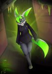  absurd_res anthro black_body black_nose boots breasts canid canine clothed clothing digital_media_(artwork) e-01 eeveelution eyewear fak&eacute;mon fan_character female footwear fur glasses glowing green_body green_eyes hair hi_res looking_at_viewer mammal nintendo nucleon pok&eacute;mon pok&eacute;mon_(species) pok&eacute;mon_uranium simple_background smile solo standing teeth video_games walking zoe_vee 