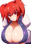  1girl bent_over blue_kimono blush breasts cleavage grin hair_bobbles hair_ornament hanging_breasts highres huge_breasts japanese_clothes kimono onozuka_komachi red_eyes red_hair short_hair smile touhou two_side_up white_background xialu_zajin 