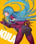  1girl arms_behind_back ass bangs belt blue_hair bodysuit breasts character_name eyebrows_visible_through_hair finger_to_face gloves highres ice kula_diamond leaning_forward long_hair long_sleeves medium_breasts oro_(sumakaita) red_eyes sideboob simple_background solo the_king_of_fighters tongue tongue_out yellow_background 