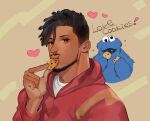  1boy 2boys beard black_eyes black_hair black_panther_(film) cookie cookie_monster crossover dark-skinned_male dark_skin eating facial_hair food hairlocs hood hoodie killmonger male_focus marvel marvel_cinematic_universe matsu_(bandan) multiple_boys red_shirt sesame_street shirt solo undercut 