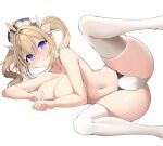  1girl :&lt; alternate_breast_size ass barbara_(genshin_impact) blonde_hair blue_eyes blush breast_rest breasts cameltoe closed_mouth collarbone commentary covering covering_breasts cross drill_hair feet_out_of_frame full-face_blush genshin_impact hair_between_eyes hair_intakes highres large_breasts latin_cross light_frown long_hair lying navel on_side panties priestess sidelocks simple_background skindentation sob_(submar1089) solo spread_legs tareme thick_thighs thighhighs thighs topless twin_drills twintails underwear white_background white_headwear white_legwear white_panties 