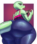  absurd_res accessory anthro big_butt bliss_(sssonic2) bottomwear butt clothing denim denim_clothing female furgonomics game_console green_body hi_res holding_console huge_butt jeans lizard looking_at_viewer looking_back markings nintendo nintendo_switch open_mouth pants purple_eyes reptile scalie shirt solo tail_accessory tailband tank_top thick_thighs topwear toto_draw video_games wide_hips 