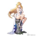  1girl armlet ash_arms blonde_hair blue_eyes bracelet breasts choker cleavage closed_mouth dress earrings full_body glint hair_ornament high_heels highres jewelry ju_87_(ash_arms) large_breasts lino_chang long_dress long_hair looking_at_viewer official_alternate_costume official_art prosthesis prosthetic_leg side_slit sidelocks sitting smile solo very_long_hair white_dress 