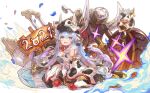 1girl 2021 animal_ears animal_print bangs bare_shoulders bikini blue_hair blush breasts catura_(granblue_fantasy) cleavage cow cow_ears cow_girl cow_hat cow_horns cow_print cow_tail detached_collar detached_sleeves draph ear_piercing granblue_fantasy ground_vehicle haku_(sabosoda) highres horns large_breasts long_hair looking_at_viewer motor_vehicle motorcycle navel open_mouth piercing pointy_ears sheer_clothes short_shorts shorts smile swimsuit tail thighhighs white_bikini white_legwear white_shorts wide_sleeves 