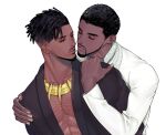  2boys african_clothes beard black_hair black_jacket black_panther_(film) curly_hair dark-skinned_male dark_skin facial_hair fang_necklace hairlocs hug jacket jewelry killmonger male_focus marvel marvel_cinematic_universe matsu_(bandan) multiple_boys neck_ring necklace open_clothes open_jacket t&#039;challa undercut yaoi 