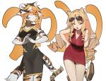  2022 2girls ;d absurdres alternate_costume animal_ear_fluff animal_ears arknights bag bare_arms bare_legs bare_shoulders belt black_dress black_hair blonde_hair breasts china_dress chinese_clothes chinese_zodiac cleavage closed_mouth dress drill_hair eyewear_on_head fang furry green_eyes hand_on_hip handbag highres jianpan_xiafang_de_da_kongge leaning_forward leg_up looking_at_viewer medium_breasts multicolored_hair multiple_girls one_eye_closed orange_eyes orange_hair red_dress red_hair rimless_eyewear ringlets round_eyewear short_hair sleeveless sleeveless_dress smile smug standing standing_on_one_leg streaked_hair sunglasses swire_(arknights) tail tail_ornament tail_ring thigh_gap tiger_ears tiger_girl tiger_tail two-tone_hair waai_fu_(arknights) white_hair year_of_the_tiger 