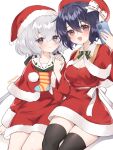  2girls :d artist_name black_legwear bow breasts cellphone christmas fingernails grey_eyes grey_hair hair_between_eyes hair_bow hat highres holding holding_hands holding_phone interlocked_fingers kaoruru_(sakuno2911) konno_junko medium_breasts mizuno_ai multiple_girls phone purple_eyes purple_hair santa_dress santa_hat selfie short_hair sitting smile thighhighs thighs twitter_username white_bow zombie_land_saga 