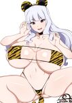  1girl :d animal_print ass_visible_through_thighs bangs bikini blunt_bangs breasts claw_pose covered_nipples eyepatch_bikini highres huge_breasts idolmaster jabara_tornado long_hair looking_at_viewer navel purple_eyes shijou_takane silver_hair simple_background smile solo spread_legs swimsuit tiger_print white_background 