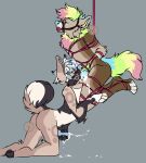  absurd_res anthro bdsm beans_(oopsie-gay) bodily_fluids bondage bound canid canine canis collar cum cum_inside cum_on_face curled_tail domestic_dog duo eyes_closed fellatio fluffy gag gagged genital_fluids held_up hi_res kneeling knot male male/male mammal oopsie-gay oral penile restraints riko_(oopsie-gay) rope rope_bondage rope_harness sex 