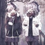 2girls absurdres black_coat black_fur black_hair black_legwear black_vest blurry blurry_background branch closed_eyes coat commentary cowboy_shot cup dual_persona fang flower_(vocaloid) fur-trimmed_coat fur_trim hand_in_pocket highres holding holding_cup kanyoru limited_palette medium_hair miniskirt multicolored_hair multiple_girls necktie open_mouth outdoors pantyhose pleated_skirt ponytail purple_eyes purple_mittens purple_necktie purple_skirt scarf shirt short_hair skirt smile standing streaked_hair tree v_flower_(vocaloid4) vest vocaloid white_coat white_hair white_shirt winter 