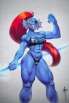  abs absurd_res animal_humanoid blue_body breasts cleavage clothed clothing ear_fins eye_patch eyewear female fin fish fish_humanoid grin hair hi_res holding_object holding_weapon humanoid jayecho looking_at_viewer marine marine_humanoid melee_weapon muscular muscular_female muscular_humanoid muscular_thighs polearm ponytail pupils red_hair sharp_teeth simple_background slit_pupils smile solo spear standing teeth undertale_(series) undyne video_games weapon yellow_eyes yellow_sclera 