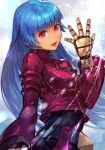  1girl arm_up bangs belt blue_background blue_hair bodysuit breasts closed_mouth crop_top eyebrows_behind_hair gloves hungry_clicker ice kula_diamond long_hair long_sleeves looking_at_viewer medium_breasts open_mouth red_eyes smile snow solo straight_hair the_king_of_fighters thigh_gap very_long_hair yellow_gloves zipper 