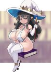  1girl black_hair blue_eyes boots breast_suppress breasts curvy detached_collar elf gloves gold_trim grin hat highres huge_breasts leotard long_hair nav original pointy_ears shortstack sitting_on_book smile solo thigh_boots thighhighs very_long_hair wand white_gloves white_legwear white_leotard witch_hat 