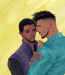  2boys beard black_eyes black_hair black_panther_(film) blue_shirt dark-skinned_male dark_skin facial_hair hairlocs jewelry killmonger male_focus marvel marvel_cinematic_universe matsu_(bandan) multiple_boys ring shirt t&#039;challa 