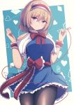  1girl alice_margatroid ascot blonde_hair blue_dress blue_eyes bow capelet darumoon dress frilled_ascot frills hair_bow hairband highres lolita_hairband pantyhose puffy_short_sleeves puffy_sleeves red_hairband red_neckwear short_hair short_sleeves solo touhou 