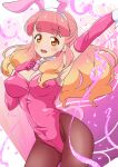  1girl :d aikatsu!_(series) aikatsu_friends! amikaasan animal_ears arm_up armpits bangs blunt_bangs blush bow bowtie breasts bunny_earrings cleavage collar commentary_request confetti covered_nipples cowboy_shot detached_collar drill_hair earrings eyebrows_visible_through_hair fake_animal_ears fake_tail fishnet_legwear fishnets gloves gradient_hair hair_over_shoulder hairband hand_on_own_chest happy highres jewelry large_breasts leotard long_hair looking_at_viewer multicolored_hair open_mouth orange_eyes orange_hair pantyhose pink_background pink_bow pink_bowtie pink_gloves pink_hair pink_leotard pink_theme playboy_bunny rabbit_ears rabbit_tail shiny shiny_clothes shiny_hair shiny_skin sideboob smile solo strapless strapless_leotard tail white_collar white_hairband wrist_cuffs yuuki_aine 