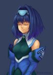  1girl blue_hair breasts brooch closed_eyes closed_mouth hair_ornament highres jewelry kelvena_(xenogears) short_hair simple_background smile solo xenogears zohar0330 