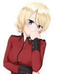  1girl bangs blonde_hair blue_eyes blush braid commentary covering_mouth darjeeling_(girls_und_panzer) eyebrows_visible_through_hair girls_und_panzer hand_to_own_mouth head_tilt high_(okina) highres jacket long_sleeves looking_at_viewer military military_uniform red_jacket short_hair simple_background solo st._gloriana&#039;s_military_uniform tied_hair twin_braids uniform upper_body white_background 