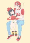  1boy 1girl ? age_difference bangs baseball_cap beanie black_hair blush brown_hair closed_eyes closed_mouth commentary_request eyelashes green_shorts grey_eyes hat highres holding invisible_chair medium_hair pants pokemon pokemon_(game) pokemon_sm pumpkinpan red_(pokemon) red_headwear rotom rotom_dex selene_(pokemon) shirt shoes short_hair short_sleeves shorts sitting smile t-shirt tied_shirt yellow_background yellow_shirt 