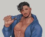  1boy bare_pectorals beard black_eyes black_hair black_panther_(film) blue_jacket dark-skinned_male dark_skin facial_hair holding holding_jewelry holding_necklace jacket jewelry killmonger male_focus marvel marvel_cinematic_universe matsu_(bandan) necklace open_clothes open_jacket pectorals scar solo 