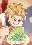  1boy blonde_hair body_markings bodysuit bodysuit_under_clothes boku_no_hero_academia chopsticks costume cup drinking_glass earrings eating facial_hair feathered_wings food fur-trimmed_jacket fur_trim goatee hawks_(boku_no_hero_academia) holding holding_chopsticks jacket jewelry kmtoho1 long_eyebrows looking_at_food male_focus on_table open_mouth red_feathers short_hair solo_focus stud_earrings table wings yellow_eyes 