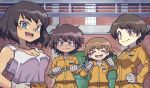  4girls absurdres bangs black_hair blue_eyes bob_cut brick_wall brown_eyes brown_hair clenched_hands closed_eyes closed_mouth clothes_around_waist commentary dark-skinned_female dark_skin eyebrows_visible_through_hair freckles girls_und_panzer gloves green_eyes hand_on_hip highres holding holding_wrench hoshino_(girls_und_panzer) indoors jumpsuit long_sleeves looking_at_viewer mechanic multiple_girls nakachiruno nakajima_(girls_und_panzer) open_mouth orange_jumpsuit shirt short_hair smile standing suzuki_(girls_und_panzer) tank_top tsuchiya_(girls_und_panzer) uniform white_gloves white_shirt wrench 