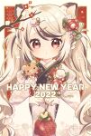  1girl 2022 animal animal_ears animal_on_shoulder aruya_(flosrota) bangs black_hair black_kimono branch chinese_zodiac commentary_request eyebrows_visible_through_hair floral_print flower green_nails hair_flower hair_ornament hairclip happy_new_year holding japanese_clothes kimono long_hair looking_at_viewer multicolored_hair multicolored_nails nail_polish new_year original parted_lips print_kimono red_eyes red_flower red_nails solo streaked_hair tiger tiger_ears twintails twitter_username very_long_hair white_flower white_hair year_of_the_tiger 