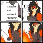  anthro burning canid canine clothed clothing comic dropping_object expressions fire fluffy fox fur fur_markings gloves hair handwear happy hi_res iaian_luxo_fox jackson(ian_luxo_fox) long_hair male mammal markings muscular neck_tuft paper reading serious_face sharp_teeth smile solo teeth text tuft 