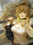  1girl animal_ears arknights black_choker black_jacket black_nails blonde_hair blurry blurry_foreground breasts candy choker cleavage closed_mouth food fur-trimmed_jacket fur_trim hammer highres holding holding_candy holding_food holding_lollipop holding_weapon jacket licking_lips lion lion_ears lips lollipop long_hair looking_at_viewer medium_breasts nail_polish open_clothes open_jacket over_shoulder pino_ko ponytail shirt siege_(arknights) sledgehammer sleeveless solo studded_choker tank_top tongue tongue_out torn_clothes torn_shirt upper_body weapon weapon_over_shoulder white_tank_top yellow_eyes 